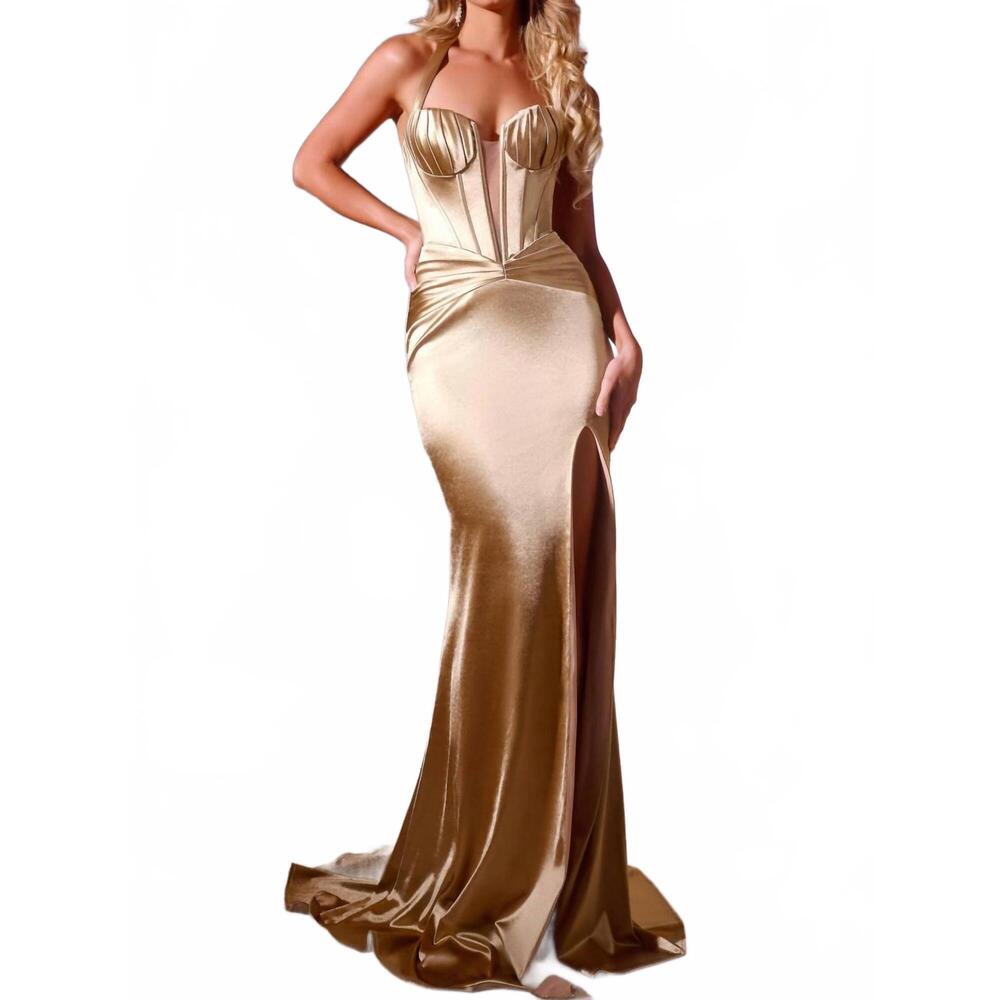NEW JOVANI strapless fitted satin gown with corset and train in gold - Picture 1 of 2